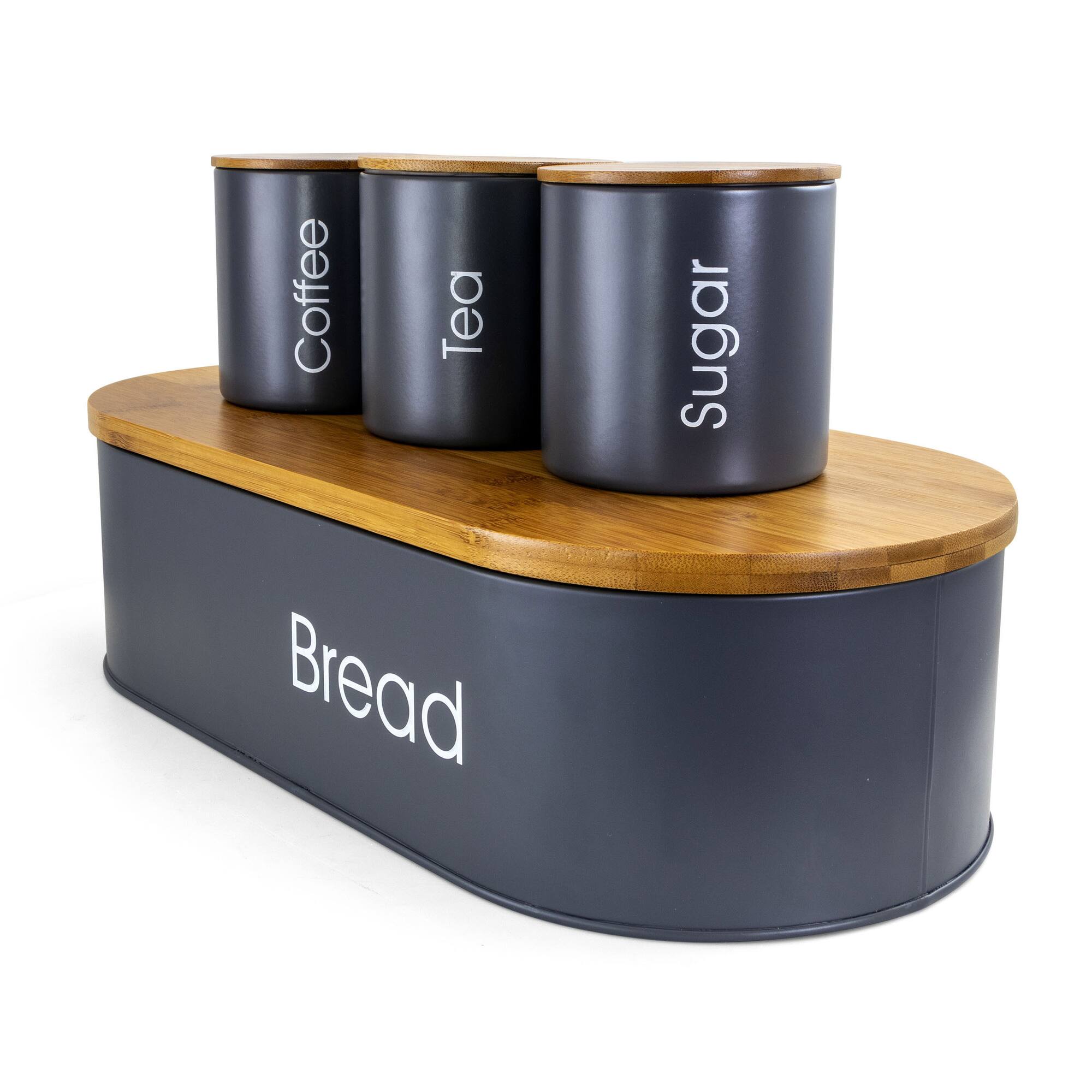 MegaChef Bamboo Kitchen Countertop Gray 4-Piece Metal Bread Basket & Canister Set